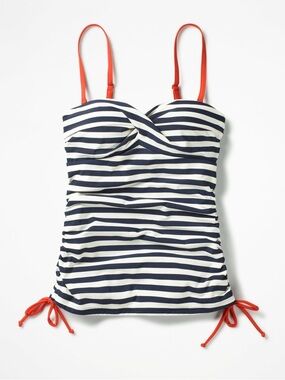 Boden white and navy striped swim suit tank top with orange straps and tie side🗻